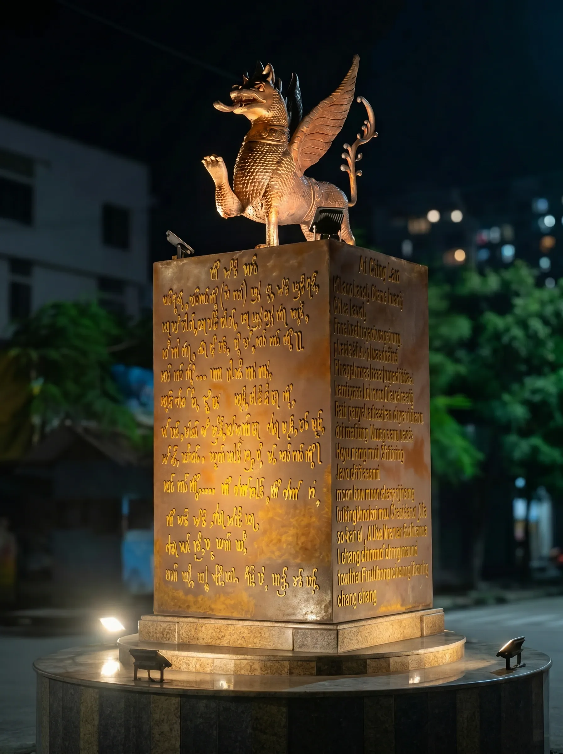 The bronze Ahom dragon sculpture lit at night, seen from the front